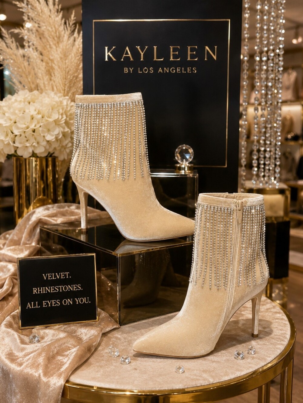 KAYLEEN By Los Angeles NWT Champagne Heeled Boots with Rhinestone Fringe - Picture 3 of 4